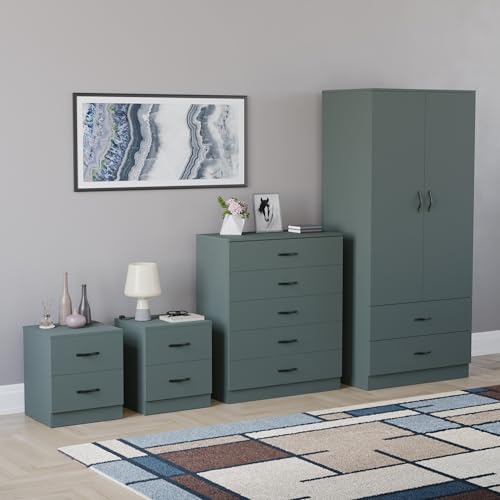 Vida Designs Riano 4 Piece Bedroom Set - 2 Drawer Bedside Chest, 5 Drawer Chest, 2 Door 2 Drawer Wardrobe - Green