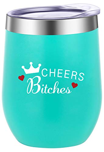 Pufuny Cheers Bitches 12 oz Stainless Steel Novelty Wine Tumbler Insulated Stemless Funny