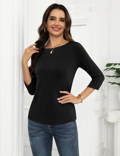 Totatuit Camiseta de Mujer de algodón elástica básica y Ajustada con Cuello Barco y Mangas 3/4 Elegante y cómoda para Diario Negro，L