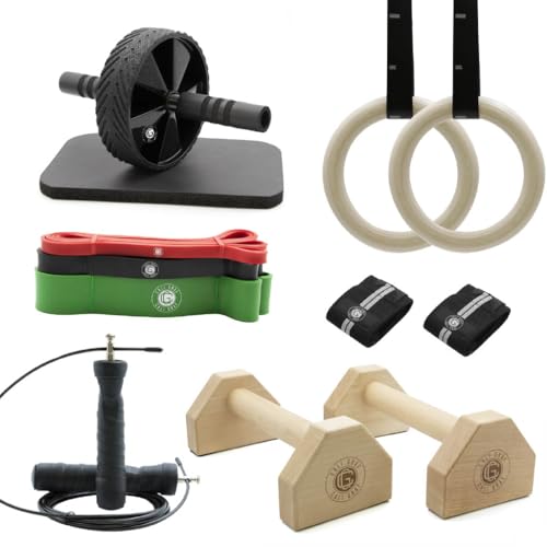 Cali Graf Calisthenics Starter Set – Fitness-Set für Anfänger mit Parallettes, Gymnastikringen, AB Roller, Wrist Wraps, Springseil und 3 Widerstandsbändern – Perfekt für Heim- und Outdoor-Workouts