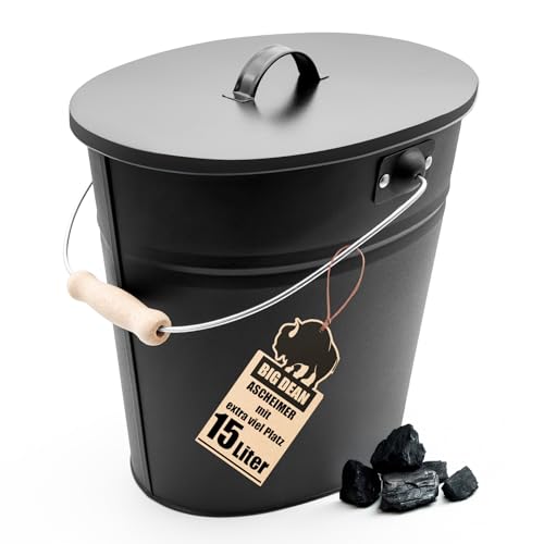 BigDean Ascheeimer mit Deckel 15 Liter mit Griff Ascheimer Oval