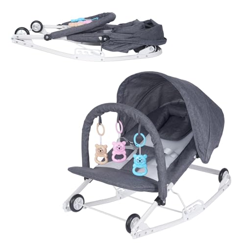 Sinbide Hamaca Mecedora para Bebés 2en1, con Modo Balanceo y Deslizamiento, Plegable, Arco de Juguetes, Arnés de 3 Puntos, Sombrilla Ajustable y Ruedas Silenciosas, desde recién nacidos hasta los 15kg