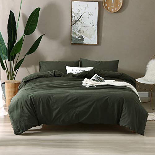Image of F.Y.Dreams 100% Washed Cotton Duvet Cover for Weighted Blanket 48x72 inches with 16 Ties, Zipper on Long Side /Forrest Green /Just Duvet Cover