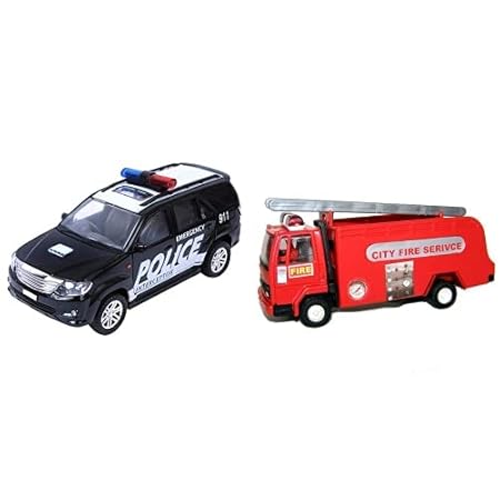 Centy Toys Police Interceptor Fortune Pull Back Toy, Black & Fire Tender, Color May Vary Combo