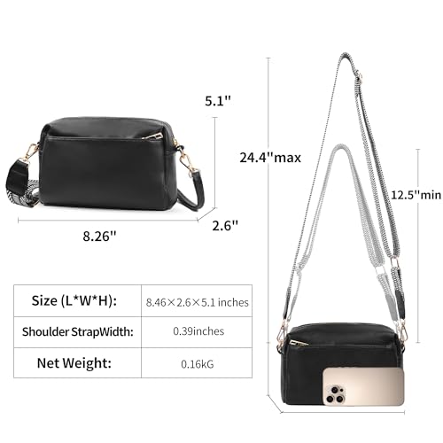 Image of VOROLO Crossbody Bag Small Leather Triple Zip Crossbody Purse Shoulder Bag with Ajustable Strap for Women Black with Rope