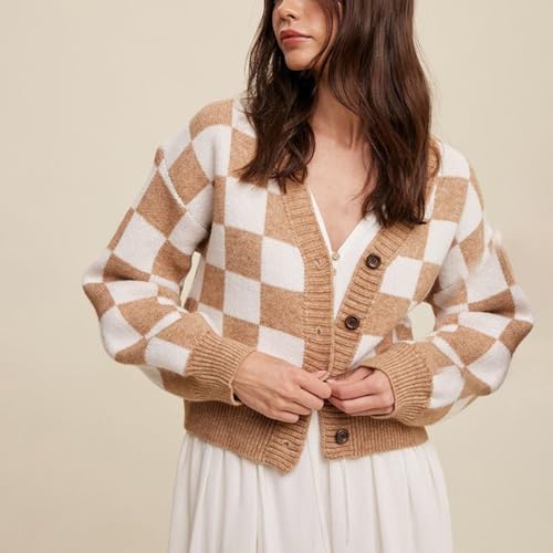 Womens Checkered Crop Cardigan V Neck Long Sleeve Button Down Knit Sweater Casual Streetwear2