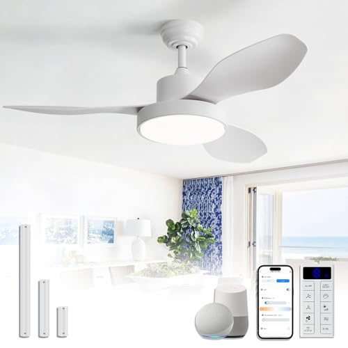 48 Inch Ceiling Fan with Lights Flush Mount Modern Energy-Efficient Outdoor Ceiling Fans with Remote,3 CCT Dimmable Quiet DC Motor & Timer for Patio/Bedroom/Farmhouse (White, 48 Inch/Smart Control)