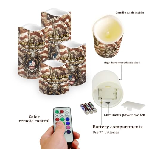 Image of 250th Anniversary Electric Candles American Flag Stars Pattern Flameless Candle Fourth of July LED Lights Flickering with Timer Decorations for Fireplace Living Room, 4 Pack