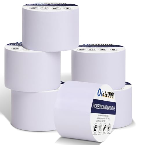 Image of Oleitodh 6 Pack White Electrical Tape 2 in x 66 ft Waterproof Vinyl Electrical Insulating Tape High Temperature Resistance Electric Tape Under 600V Home Outdoor Multipurpose
