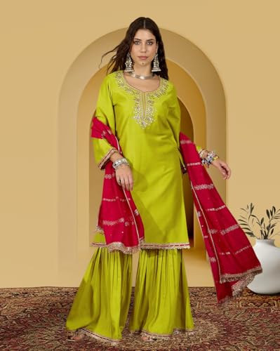 Image of Amazon Brand - Tavasya Women Silk Blend Zari Sequence and Thread Embroidered Kurta with Sharara Set |Ethnic Wear