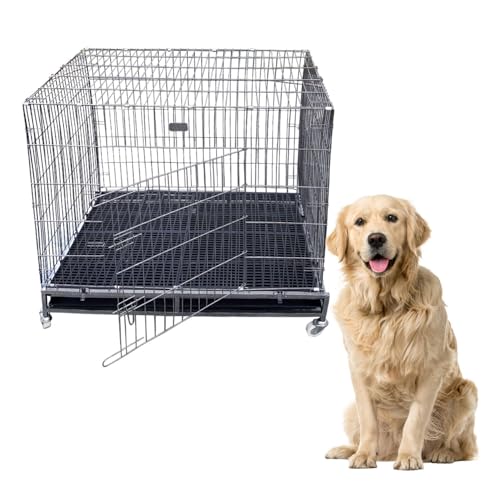 Image of Petarchi Heavy Duty 49 Inch Dog Crate Cage with Wheels & Divider | Foldable Metal Dog Kennel for Medium & Large Dogs | Double Door Locking Crate | Portable Dog Cage with Tray (49X36.5X53 in, Black)