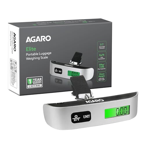 Image of AGARO Elite Portable Luggage Weighing Scale Upto 50 Kg Capacity, Zero /Tare Functions with LCD Backlit Display for Home, Travel, Flights, Bags
