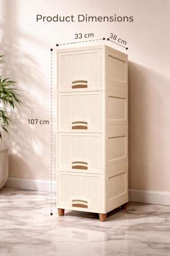 Image of Multi-Purpose Modular Storage Cabinet with Foldable Compartments, Stackable Organizer Box with Doors & Raised Legs for Clothes, Books, Kitchen Supplies, Bedroom and Living Room (4 Layer)
