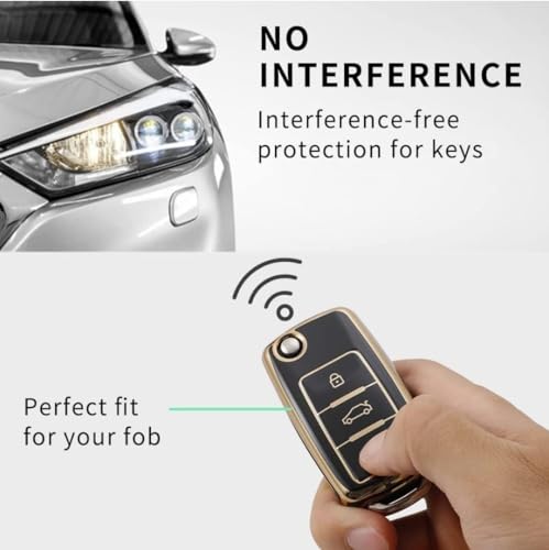 Image of TPU Car Key Cover Black & Golden Compatible for Skoda Rapid, Laura, Superb, Octavia, Fabia, Yeti (Skoda, 3 Button Flip Key)