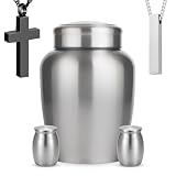 Urna plateada de acero inoxidable para cenizas adultos, hombres y mujeres, urnas de cremación para cenizas humanas, hombre y mujer, juego de 5 incluye 1 urna grande, 2 recuerdos y 1 collar de cruz