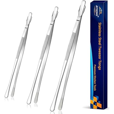 JETKONG 3 Pcs Extra Long Kitchen Tweezers Heavy Duty Stainless Steel Cooking Tweezers (9 12 14 Inch, Silver) Cover