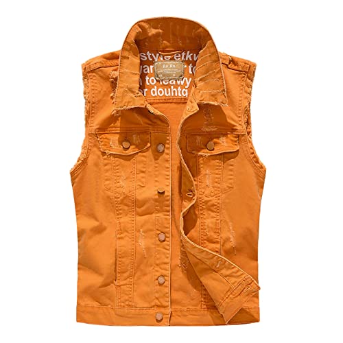 Duohropke Chaleco vaquero lavado para hombre, chaqueta vaquera sin mangas, sin mangas, chaleco vaquero sencillo informal, con botones, cuello vuelto, chaleco vaquero rasgado con bolsillos, solapa sin