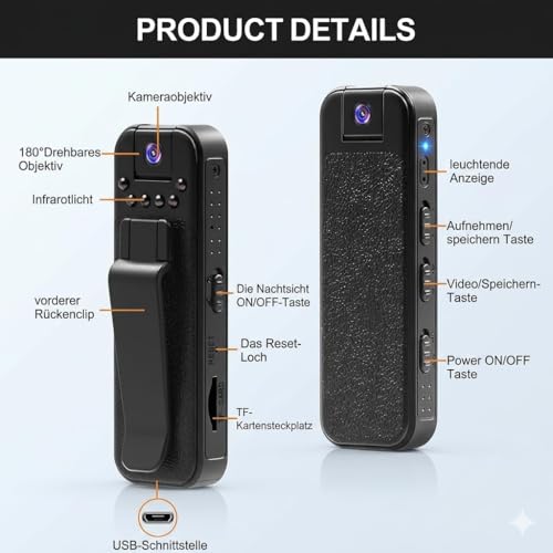 Image of 2MP HD 1080P Pocket Body Camera | Night Vision | Motion Detection 180 Degree Rotating Wearable Bodycam | Loop Recording Portable Indoor /Outdoor Security Cam (Pocket Camera 32gb)