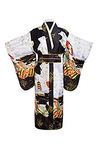 Old-to-new Women's Silk Traditional Japanese Kimono Robe with Pagoda Print Black,One Size