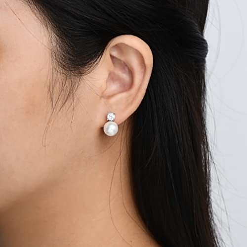 Pearl Drop Earrings For Women, 925 Sterling Silver Hypoallergenic 9Mm Pearl Weeding Stud Earrings With Cubic Zirconia Top, Wedding Jewelry & Mother's Day Gift #TOP5