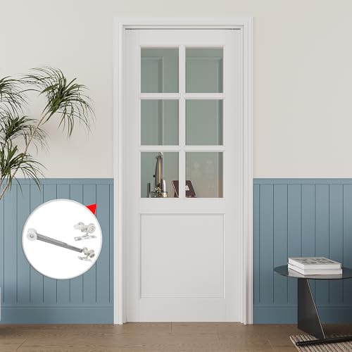 Image of 30 inch x 80 inch 6-Lite Clear Glass Pocket Door, Soft-Close Sliding Pocket Door with Frame & Hardware Kit Set, Primed All-Inclusive Interior Door Slab for Home, White, Need to Assemble