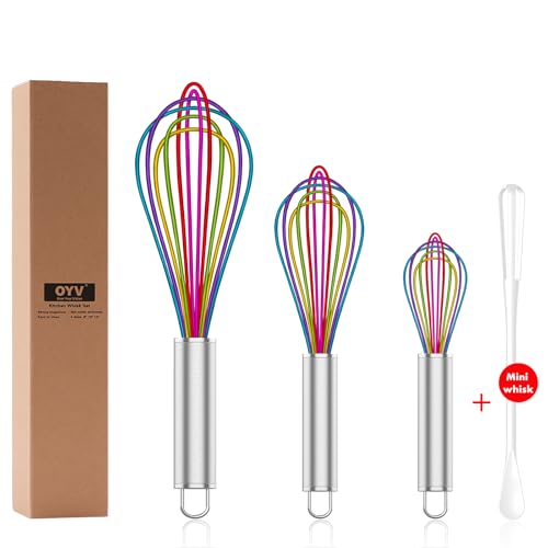 Image of OYV Silicone Whisk,Professional Whisks For Cooking Non Scratch,Stainless Steel & Silicone Wisk,Plastic Rubber Whisk Tool For Nonstick Cookware,Silicon Wisks Set of 3,Rainbow,for Blending,Colorful.