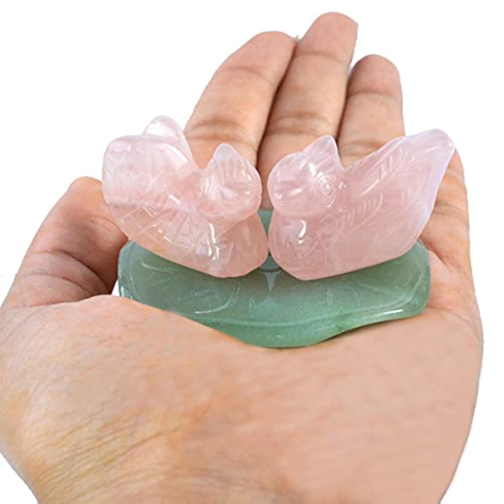 Rose Quartz Mandarin Swan Duck Pair with Green Jade Plate