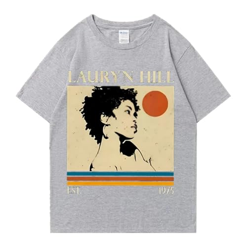 Photo de Pdaidou T Shirt Chanteur Lauryn Hill Dessin Animé Imprimé Chemise Grande Taille Hommes Et Femmes T Shirt Été Coton Haut Rétro Rappeur Mode Sweat Shirt-Grey||l