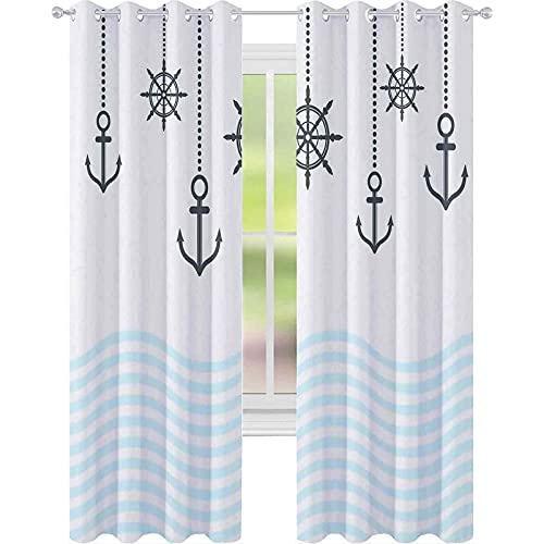 Printed Blackout Curtains, Anchors with the Chains on Top of the Ocean Waves Be Strong in Difficulties Theme, W96 x L72 Inch Grommet Blackout Drapes for Living Room, Grey Blue
