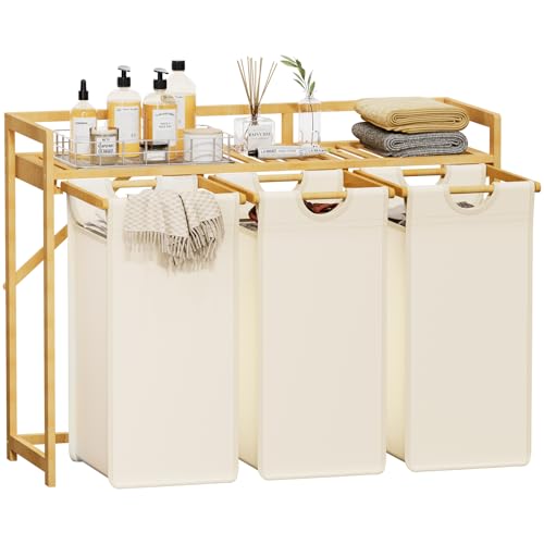 Lifewit Cesto para la Ropa 150L con 3 Compartimentos, Gran Cesta de Ropa con 3 Bolsas Extraíbles, Mueble para Ropa Sucia para Dormitorio, Baño, Lavadero, Blanco