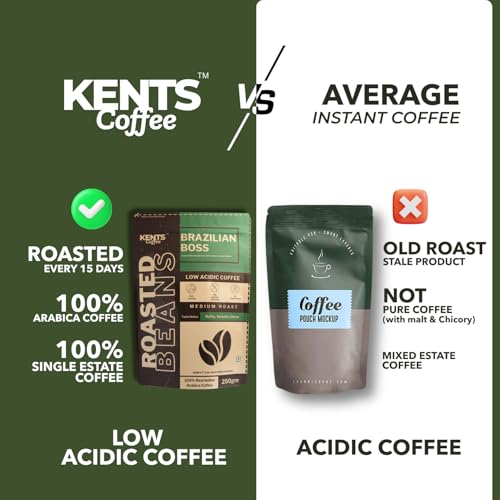 Image of Kents Coffee Brazilian Boss | Roasted Coffee Beans | LOW ACIDIC COFFEE | Best Medium Roast | 100% Arabica from Chikmagalur | Taste Like Nutty, Smooth & Choco Notes | Freshly Roasted | Chikmangalur Single Estate Speciality Bean | Sun-Dried & Washed Arabica (200g)