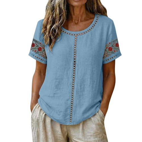 UHBYGV Womens Cotton Tops Embroidered Summer Spring Short Sleeve T Shirts Blouse Outfits Vintage Boho Beach Vacation Clothes