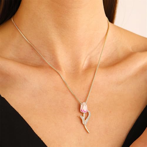 Image of coadipress Tulip Flower Pendant Necklace for Women Dainty Elegant Boho Temperament Crystal Tulip Necklace Trendy Statement Friendship Jewelry