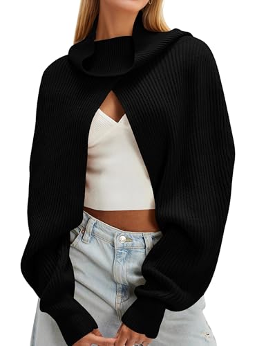 MISSACTIVER Turtle Neck Bolero Shrugs for Women Open Front Knit Cropped Sweaters Long Sleeve Loose Fit Pullover Sweater Shawl