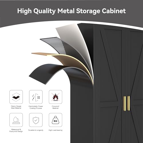 Image of Metal Broom Closet Cabinet, Utility Storage Cabinet with 4 Shelves, Farmhouse Metal Closet with Doors, 71 inch Tall Storage Cabinets with Hanging Rod and Clothing Shelf for Hallway Laundry Mudroom