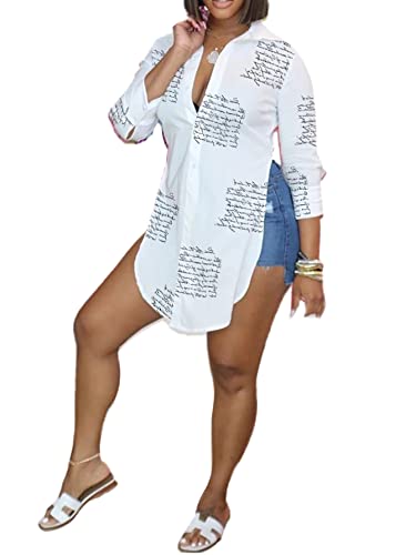 Image of LYANER Women's Collar Neck Long Sleeve Button Down Shirts Sexy Split Hem Tops Long Blouse Shirt Dress