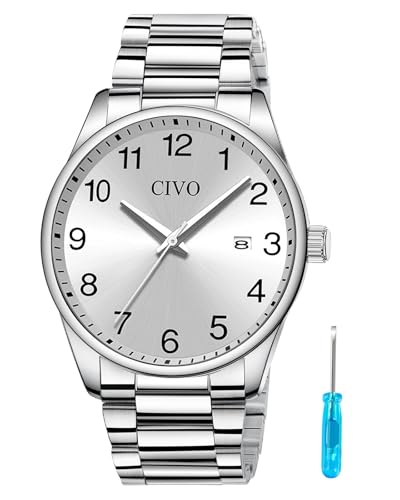 CIVO Reloj Hombre Elegante Acero: Fácil Lectura con Números Relojes   Analógico Cuarzo Plata Minimalista Clasico con Fecha