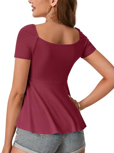 Image of Rooscier Women's Ribbed Knit Sweetheart Neck Tops Cute Drawstring Ruffle Short Sleeve T Shirts