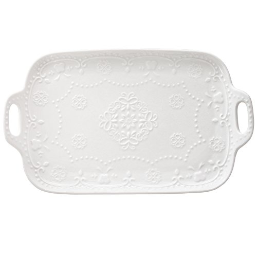 Mygift Vintage Christmas Serving Platter With Handles, Decorative White Ceramic Cheese & Snack Tray With Fleur-De-Lis Design, 11-Inch #TOP2