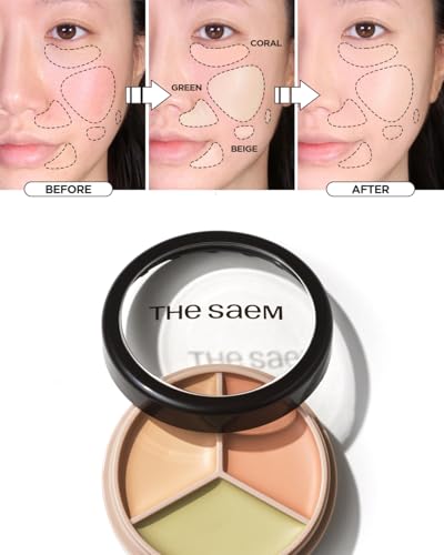 Image of THESAEM Cover Perfection Triple Pot Concealer - 01 Correct Beige for Red Tone & Dark Circles - 3-Color Multi Concealer Palette for Skin Tones 21-23 - Korean Makeup with Sweet Almond Oil & Herbal Water