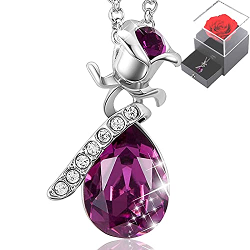WNING - Collar con cristales de flor rosa para mujer, colgante chapado en oro rosa y plata, regalos de joya con caja de regalo de flor rosa preservada para siempre para mamá/esposa/hermana/amiga Cover