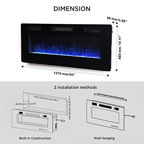 Northair 50 Inch Recessed and Wall Mounted Electric Fireplace, Adjustable Flame Color and Speed, Touch Screen, Remote Control with Timer - Thumbnail 6