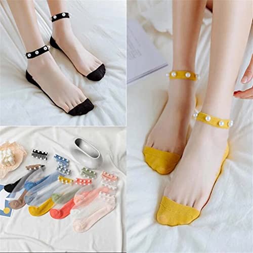 10 Pairs Crystal Tulle Pearl Summer Socks,Pearl Sheer Socks,Women Sheer Lace Elastic Ultra Thin Silk Stockings Short4