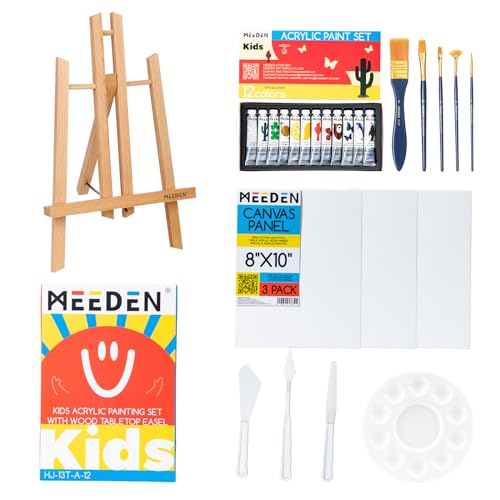MEEDEN 25PCS Acrylic Painting Kit with 12'' Easel, 12 Colors Acrylic Paints, Brushes, Canvas & More Painting Art Supplies for Little Artist, Painting Party, Art Class & DIY