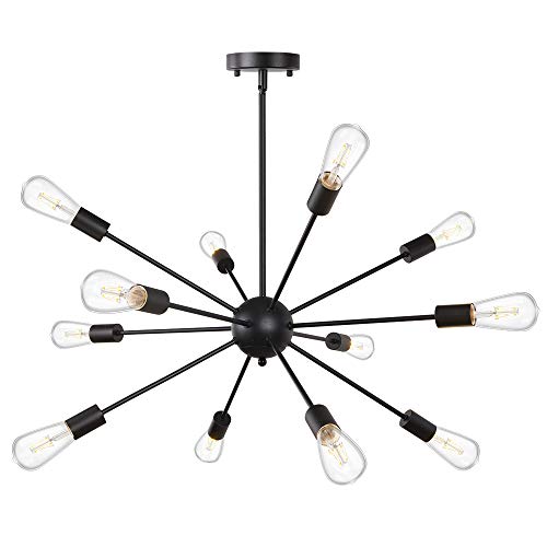 Sputnik Chandeliers 12 Lights, Wellmet Black Light Fixture Modern Mid Century Pendant Lighting Hanging Ceiling Light for Kitchen Island, Dining Room, Foyer
