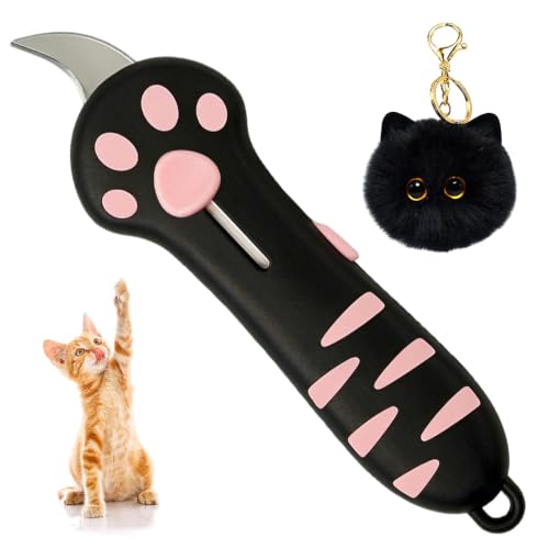 2026 Cat Paw Box Cutter Cat Box Cutter Retractable Cats Claw Cutter - Adorable Cat-Shaped Paper Boxs Cutter(Black) And Cute Kitten-Shaped Keychain(Black)