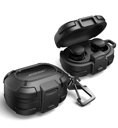 Dexnor for Bose QuietComfort Earbuds Protective Case with Drop-Proof Lock Shockproof Rugged Bumper Cover with Carabiner & Keyring for Bose QuietComfort Earbuds 2024 BlackCharger not Included