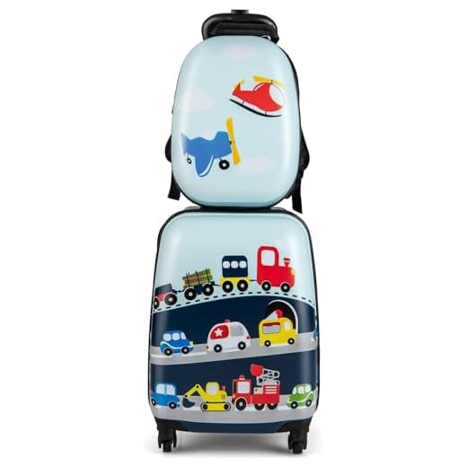 MonTravel Set Trolley per Bambini 2 Pezzi Valigia Rigida e Zainetto Coordinato Bagaglio a Mano con Ruote Girevoli per Viaggio Scuola e Tempo Libero 46,5x22x32,5 cm Fantasia Traffic