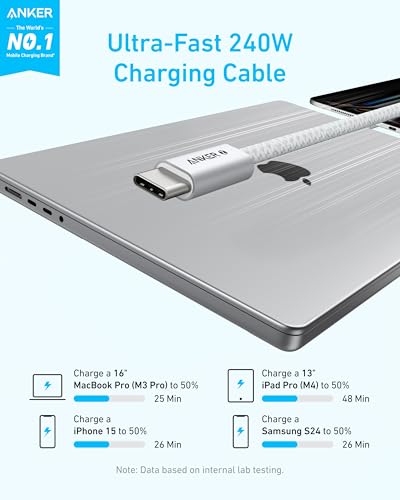 Image of Anker Zolo USB C to USB C Cable, Braided and Dirt-Free Type C Fast Charging Cable, Slim Connector, for iPhone 16 Series, MacBook (240W) (White, 6ft)