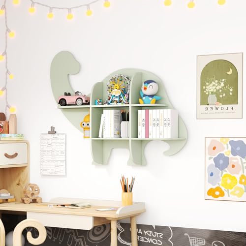 COSTWAY Estantería de Pared para Niños, Estantería Infantil Dinosaurio, Librería de Madera de 2 Niveles para Niños, Estante de Pared de Juguete para Guardería, Habitación Infantil, Sala de Juegos